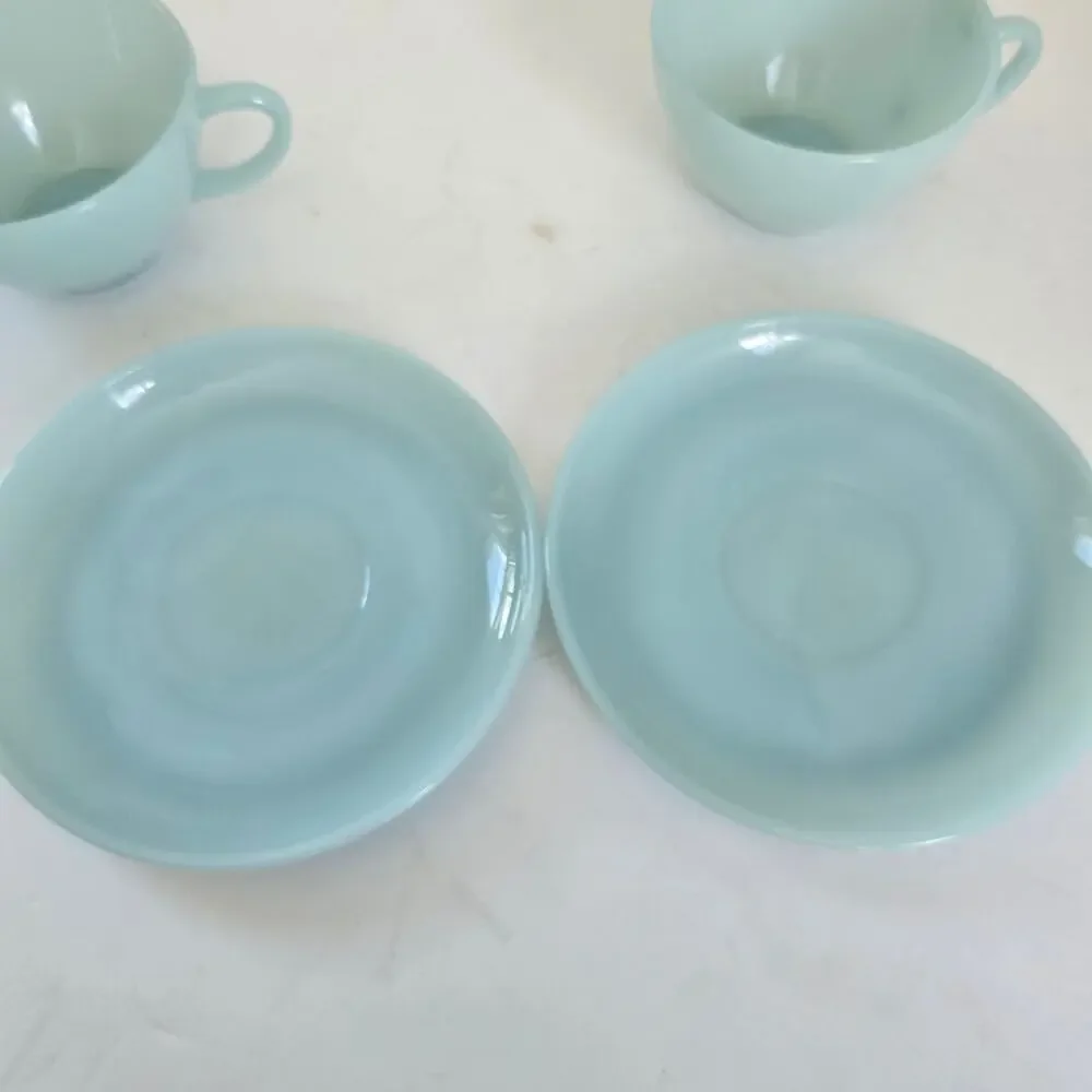 Vintage Fire King Cups Saucers Turquoise Milk Glass Limited 1956-58 Mid Century